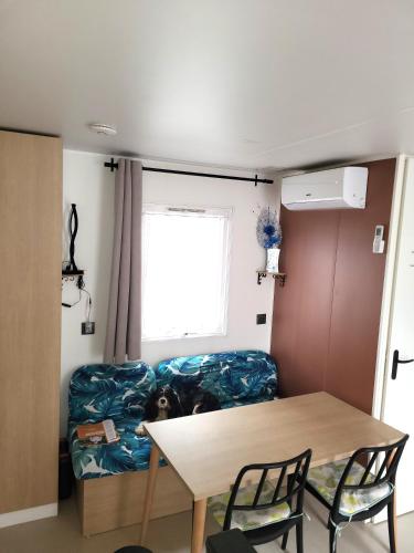 un chien est assis sur un canapé dans une pièce dans l'établissement Camping Agde Mobil home 4 places , climatisé, à Agde