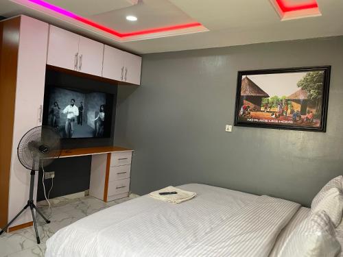 a bedroom with a bed and a flat screen tv at Umbrella Properties hotels and apartments - Moniya in Ibadan