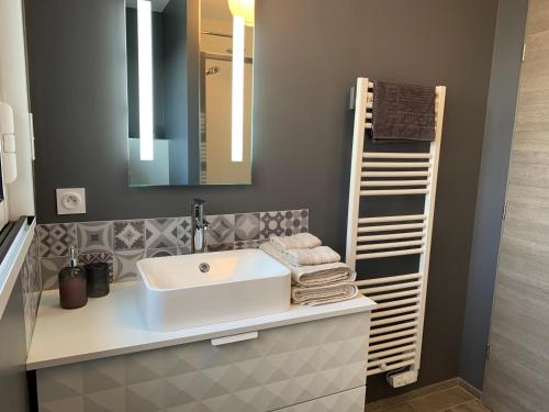 a bathroom with a sink and a mirror at La birette in Vignoux-sur-Barangeon