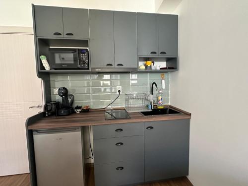 Una cocina con encimera con fregadero y microondas. en Moonlight, en Skopje