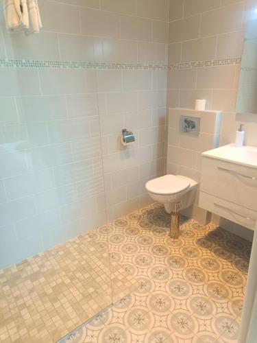 une salle de bain avec toilettes et lavabo dans l'établissement Chambre d'hôtes Le Domaine des Hirondelles, à Champcenest