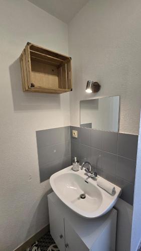 une salle de bain avec un lavabo blanc et un miroir dans l'établissement Le Petit Fleur de Loire, à Blois