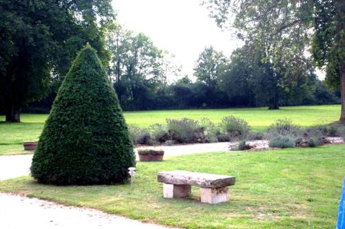 a bench in a park next to a large bush at Les Lavandins Château de Musigny in Musigny