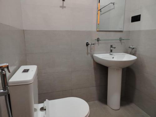 a bathroom with a white toilet and a sink at Diora Hotel in Ratnapura