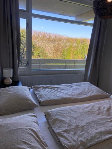 two beds in a room with a window at Sfeervol en gezellig gelegen appartement op Texel in De Koog