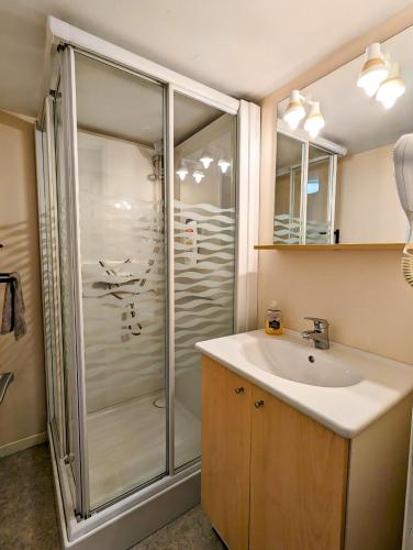 une salle de bain avec douche et lavabo dans l'établissement Charmant appartement à Gérardmer, à Gérardmer