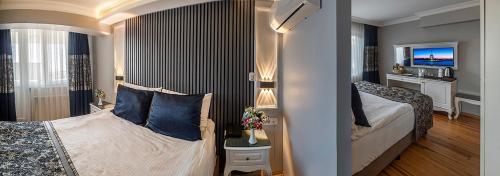 two pictures of a bedroom with a bed and a television at Beyazit Palace Hotel in Istanbul