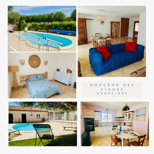un collage de photos d'une maison et d'une piscine dans l'établissement Douceur des vignes, à Argeliers