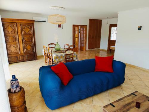 - un canapé bleu avec des oreillers rouges dans le salon dans l'établissement Douceur des vignes, à Argeliers