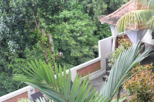 an aerial view of a house with trees at Hanaka Riverside Ubud in Ubud