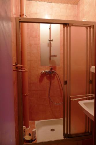 une salle de bain avec une douche avec des toilettes et un lavabo dans l'établissement Entre mont Gerbier & lac Devesset, à Saint-Julien-Boutières