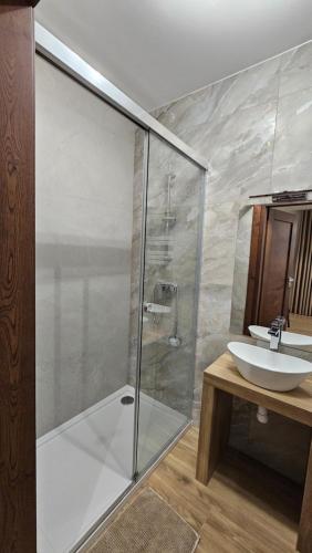 ein Badezimmer mit Glasdusche und Waschbecken in der Unterkunft Willa Zacisze Szczawnica Apart in Szczawnica