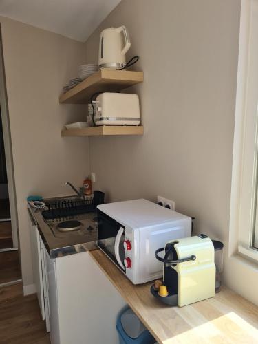 Il comprend une cuisine équipée d'un four micro-ondes et d'un grille-pain. dans l'établissement Charmant appartement face au port de Concarneau, à Concarneau