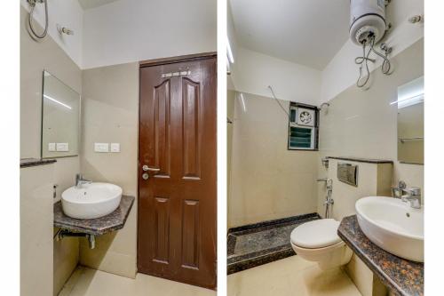 two pictures of a bathroom with a toilet and a sink at Coastal Living -1RK Apartment Goa in Arpora