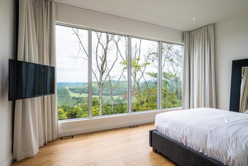Un dormitorio con una cama y una ventana grande. en Villa Summit Movie Theater Game room Views Hot Tub & Sauna, en La Conception