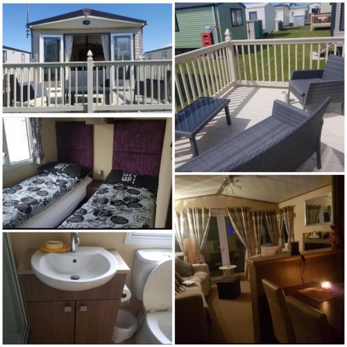 a collage of four pictures of a house with a deck at Golden Sands & Winkups in Kinmel Bay