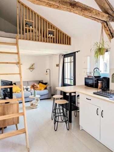 Il comprend une cuisine et un salon avec une mezzanine. dans l'établissement L'atelier au coeur de Meung, à Meung-sur-Loire
