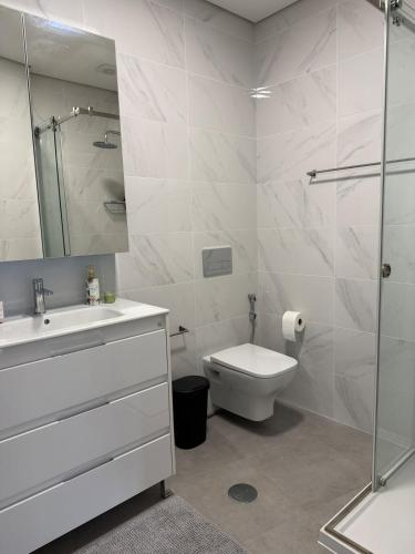 a bathroom with a toilet and a sink and a shower at Casa da Praça 3 in São João da Madeira