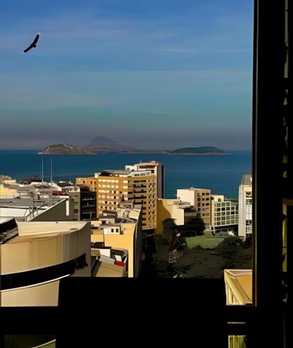 a view of a city with a bird flying in the sky at Vista deslumbrante e conforto em Ipanema in Rio de Janeiro