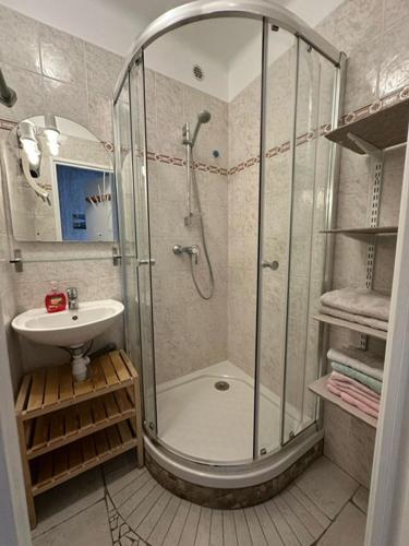 une salle de bain avec douche et lavabo dans l'établissement Le Balcon Ensoleillé, à Font-Romeu
