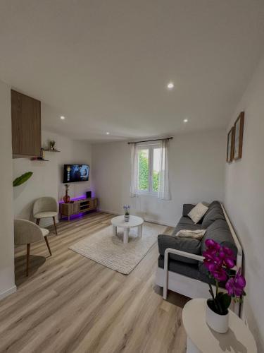 un salon avec un canapé et une table dans l'établissement Studio Vue Mer au coeur du Suquet, à Cannes