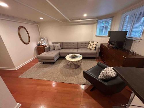 a living room with a couch and a tv at Comfy Garden Suite in Andersonville in Chicago