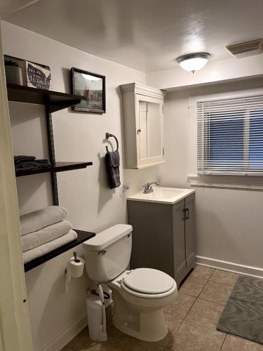 a bathroom with a white toilet and a sink at Comfy Garden Suite in Andersonville in Chicago