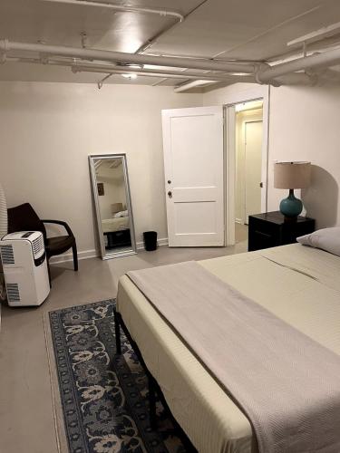 a bedroom with a bed and a mirror at Comfy Garden Suite in Andersonville in Chicago