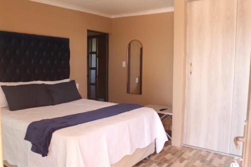 una camera da letto con un letto grande e uno specchio di Royal Gidlas Guesthouse a Saulspoort