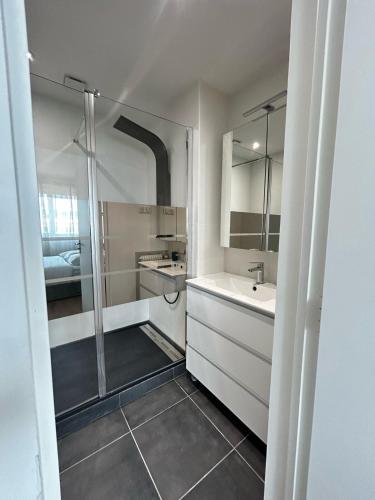 a bathroom with a shower and a sink at La Suite Vienne, chic et calme in Panazol