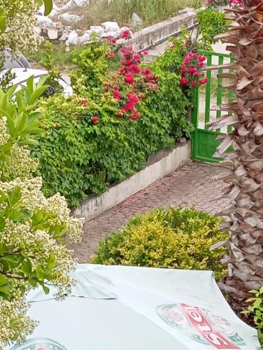 a garden with pink flowers and a white table at A-Vila in Golem