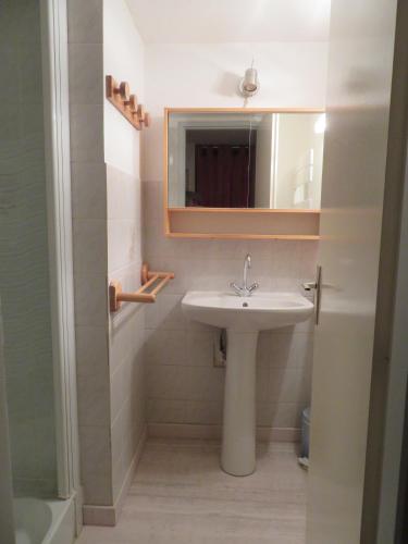 une salle de bain avec un lavabo et un miroir dans l'établissement Appart 6 personnes, 2ch, parking, centre-ville, à Cauterets