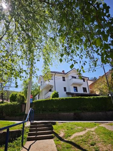 a white house with stairs in front of it at Apartmani Čokić Sokobanja in Soko Banja