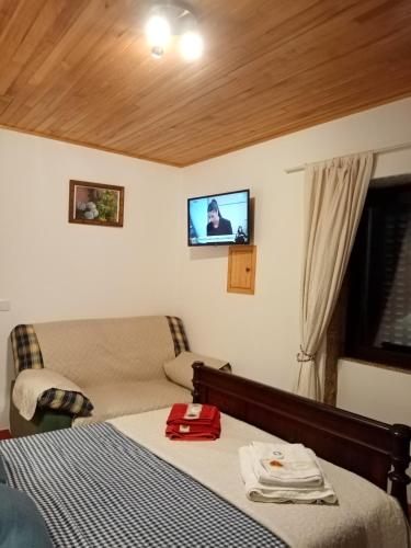 a bedroom with a bed and a tv on the wall at Pêssego - AL in Arouca