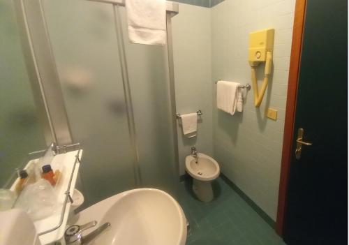 a bathroom with a sink and a toilet at Hotel Cristallo in Udine