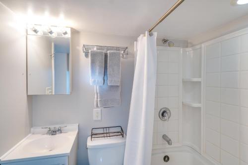 a bathroom with a sink and a toilet and a shower at Less Than 1 Mi to Wineries Quaint and Cozy Waterford Studio in Waterford