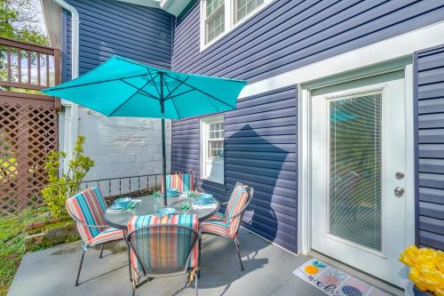 a patio with a table and chairs and a blue umbrella at Less Than 1 Mi to Wineries Quaint and Cozy Waterford Studio in Waterford