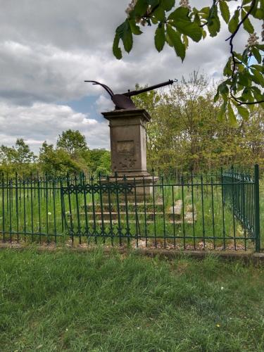 a iron fence with a statue behind a gate at Chalupa u dědy in Dlažkovice
