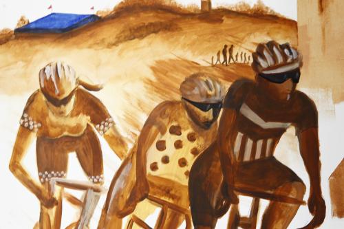 a painting of two men riding bikes in a field at In De Wulf in Ypres