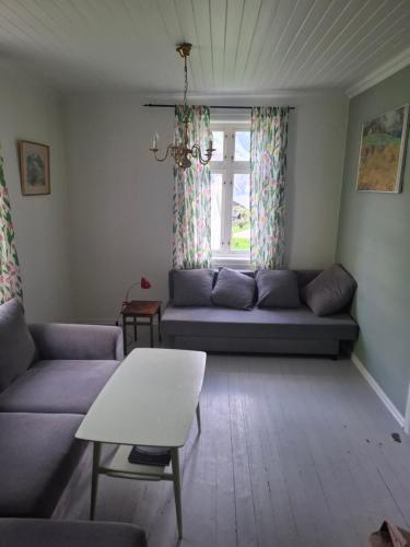 a living room with a couch and a table at Jordamorstova in Aurland