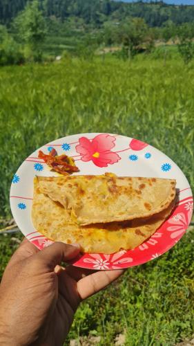 a person holding a plate with a sandwich on it at Himalayan Horizon Deohari in Sainj