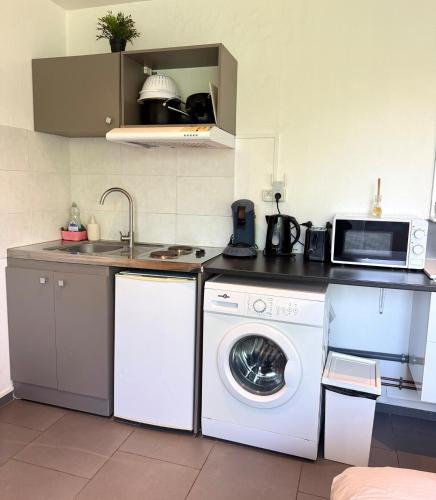 une cuisine avec un lave-linge et un micro-ondes dans l'établissement Studio tout confort cité de la gastronomie (3), à Dijon