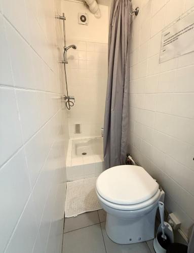 une salle de bain blanche avec toilettes et douche dans l'établissement Studio tout confort cité de la gastronomie (3), à Dijon