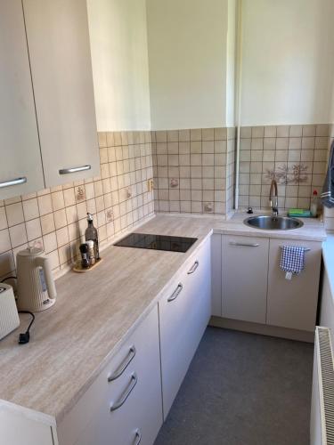 a kitchen with white cabinets and a sink at Tři pokoje - Apartmán in Mariánské Lázně
