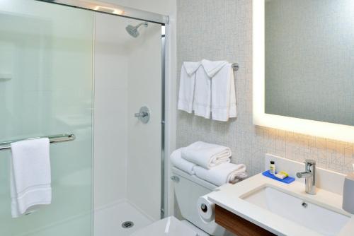 a bathroom with a shower and a toilet and a sink at Holiday Inn Express - Santa Rosa North by IHG in Santa Rosa