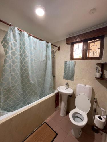 a bathroom with a toilet and a shower and a sink at Mikocheni Comfort I Dar es Salaam, Tanzania in Dar es Salaam