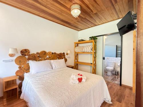 a bedroom with a large bed with a teddy bear headboard at Chalé Refúgio Bem-Te-Vi in São Bento do Sapucaí
