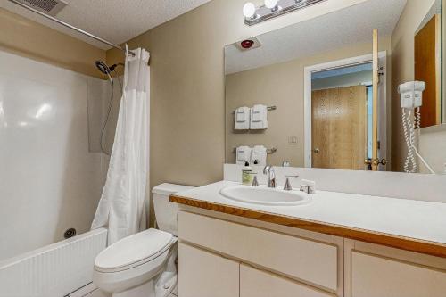 a bathroom with a toilet and a sink and a mirror at Mountainview Efficiency at Rivergreen in Lincoln