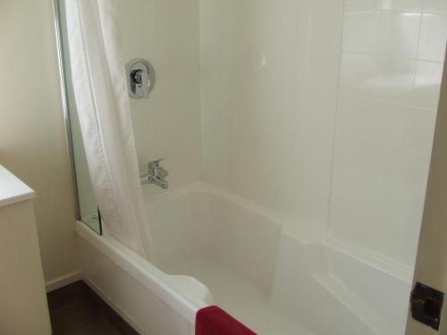 a bathroom with a shower with a white tub at 755 Regal Court Motel in Dunedin