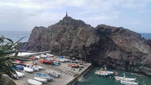 a bunch of boats are parked on a dock near a mountain at Ostello ninin de ma' in Framura